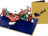 Popcards popupkaarten – Chique Gouden Kerstkaart Kerstman met slee en rendieren en winterse huisjes pop-up kaart 3D wenskaart