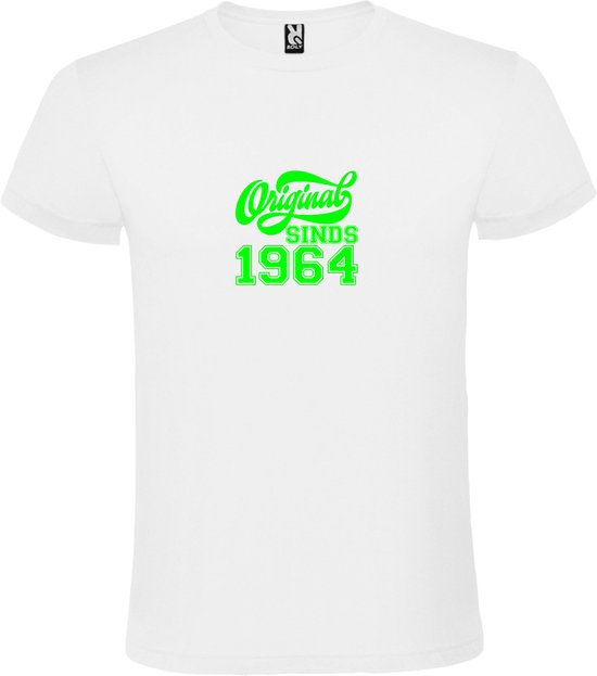 T-shirt blanc avec le texte vert néon 'Original SINDS 1964' centré sur la poitrine.