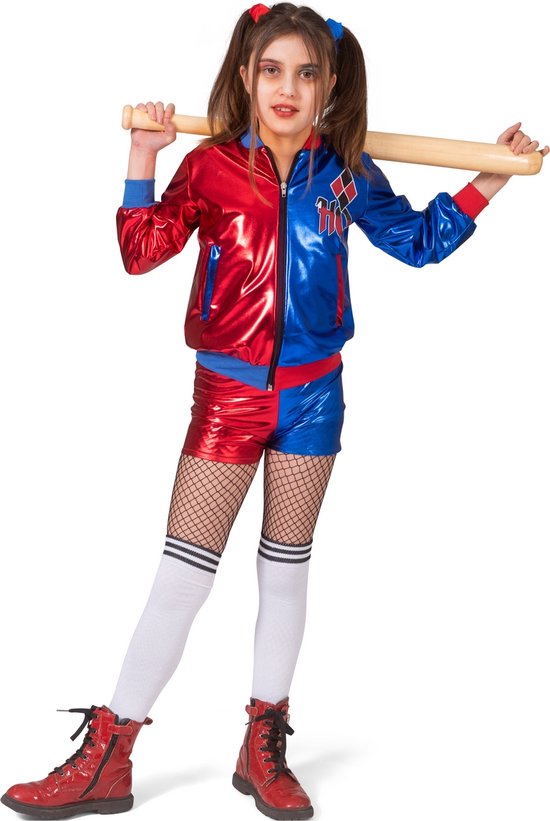 Funny Fashion - Harley Quinn Kostuum - Komische Harley - Meisje - Blauw, Rood - Maat 164 - Carnavalskleding - Verkleedkleding