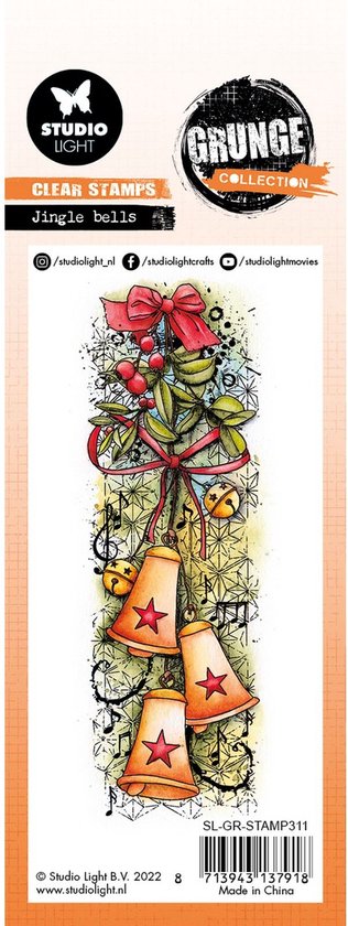 Klokken met sterren en rode strik. Tekst: CLEAR STAMPS Jingle bells.