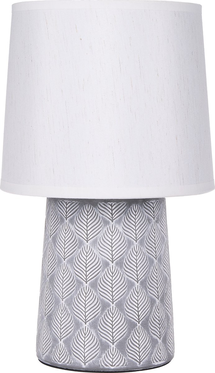 BRUBAKER Tafellamp bedlampje - 33 cm - grijs - keramiek lampvoet - blad ornamenten - linnen kap wit