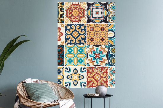 Stickers muraux - Film autocollant - Fleurs - Vintage - Motif - Blauw - Oranje - 60x90 cm - Film adhésif - Stickers muraux muraux Chambre d'enfant - Papier peint autocollant - Papier peint autocollant - Film autocollant