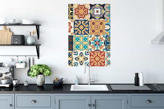 Stickers muraux - Film autocollant - Fleurs - Vintage - Motif - Blauw - Oranje - 60x90 cm - Film adhésif - Stickers muraux muraux Chambre d'enfant - Papier peint autocollant - Papier peint autocollant - Film autocollant