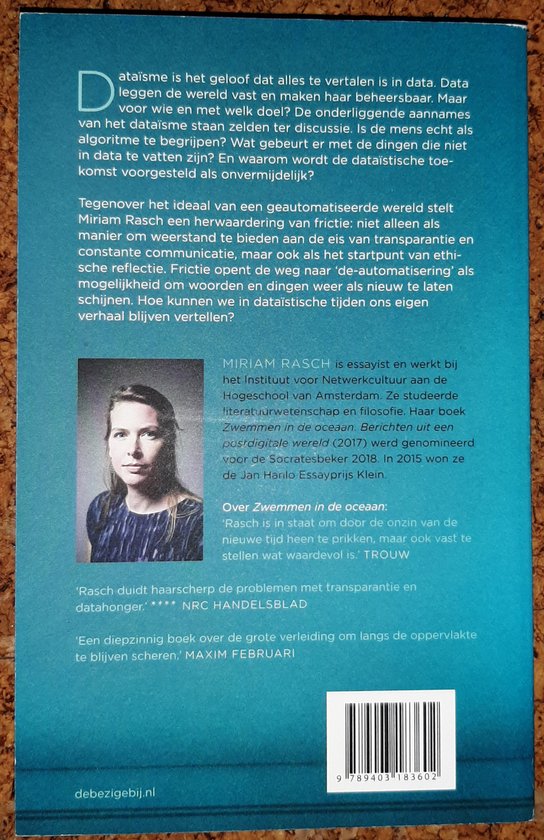 Portret van Miriam Rasch, met de titel 'Frictie', 'Ethiek in tijden van dataïsme'.