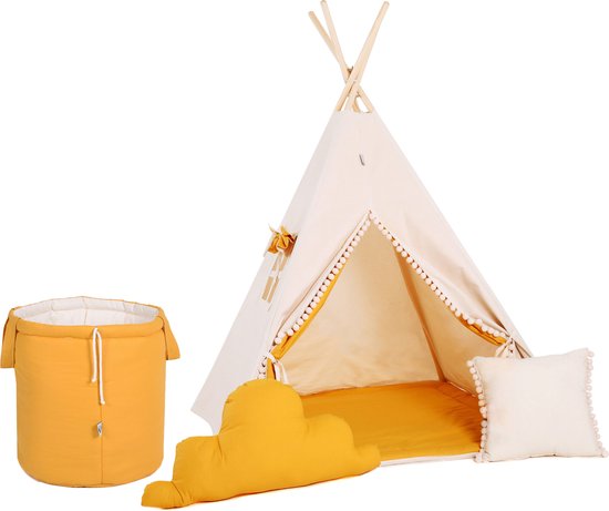 SET Tipi tente ocre-beige avec panier à jouets TIPI + tapis, 2 coussins et  panier à jouets | bol