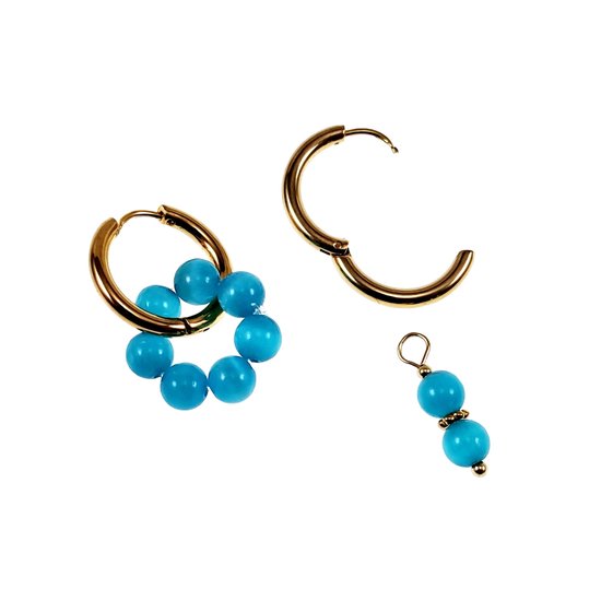 ∅19mm Oorringen Dames - Natuurlijke Kattenoog Steen Turquoise - Verguld RVS - Oorbellen met Kralen Hangers