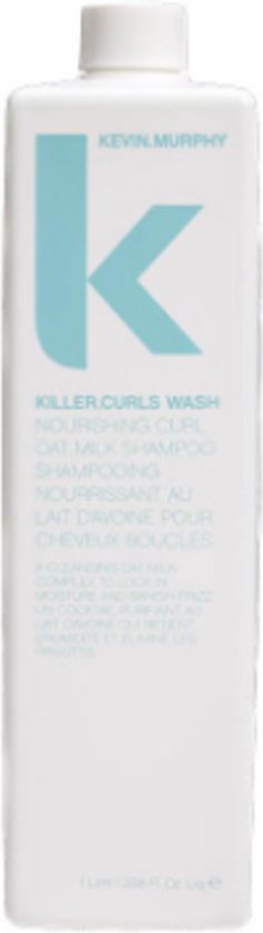 Bouteille blanche de shampooing Kevin.Murphy Killer.Curls Wash avec un 'K' bleu clair et du texte en anglais.