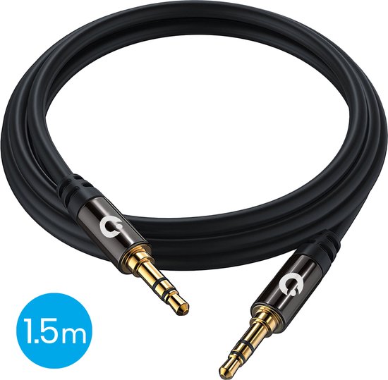 Zwarte 1,5 meter lange AUX-kabel met gouden 3,5 mm aansluitingen en Auronic logo.