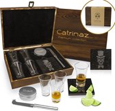 Catrinaz® - Shotglazen set - Tequila glazen - Premium borrelglaasjes - 6 cl - 4 st - snijsteen - snijmesje - zoutpotje - Mexicaanse Skull - Luxe houten gift box - Uniek geschenk - Inclusief E-BOOK Tequila, Mezcal