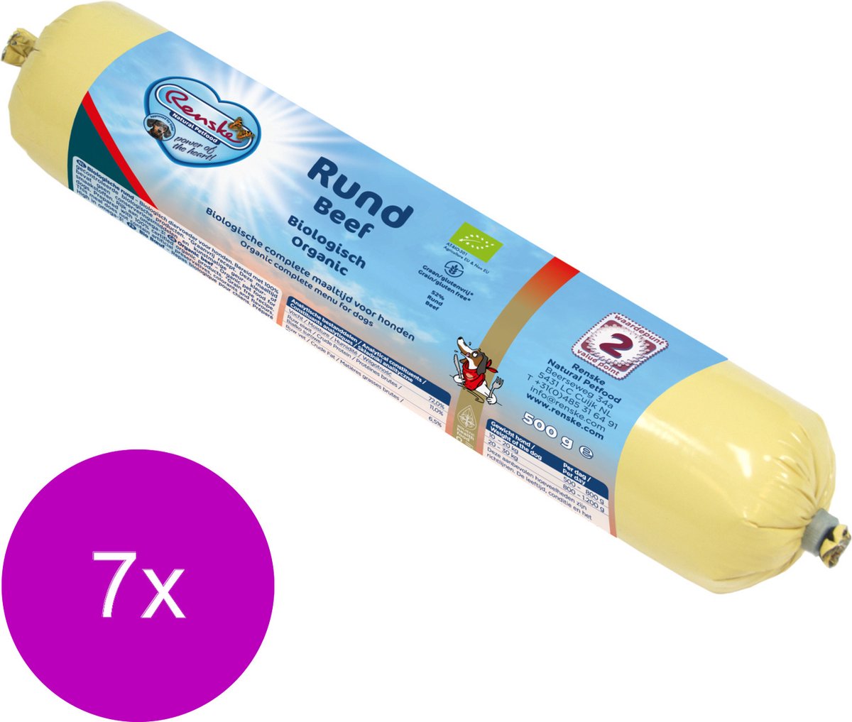 14x Renske Biologische Worst Hondenvoer Nat Rund 500 gr