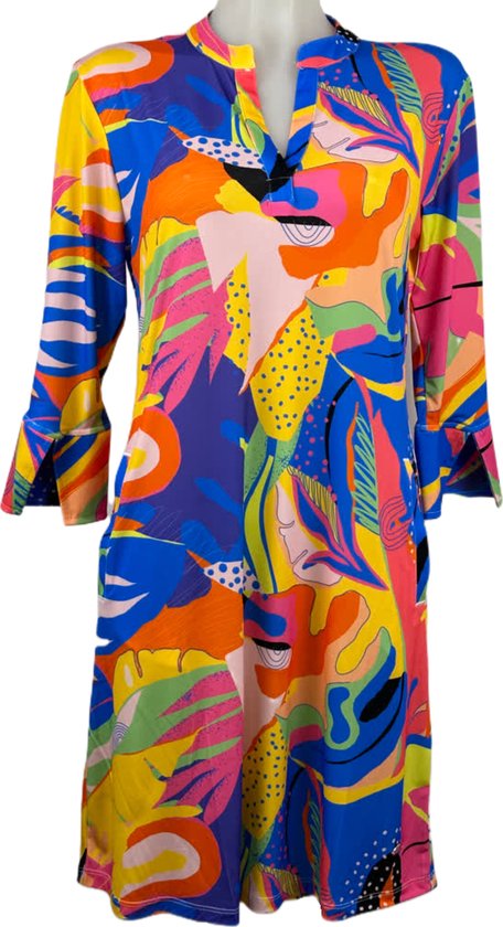 Angelle Milan – Travelkleding voor dames – Multikleur print lange mouw Jurk – Ademend – Kreukherstellend – Duurzame jurk - In 5 maten - Maat XXL