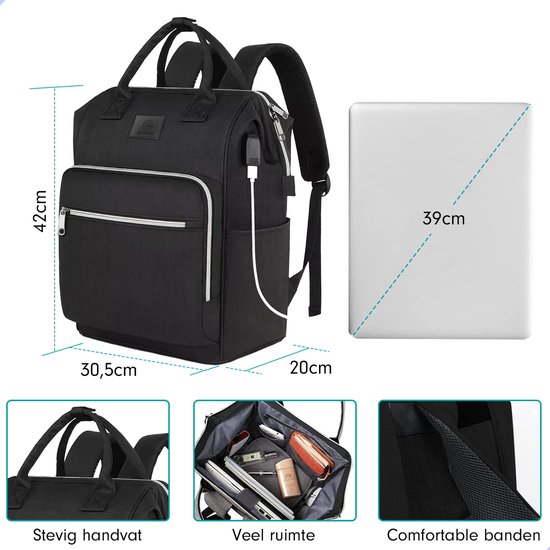 AG Rugzak & laptoptas - ZWART- rugtas -Geschikt voor 15.6 inch laptop - 26L - laptopvak - laptoptassen Anti Diefstal waterafstotend - voor dames, heren, jongens en meisjes - Inclusief Usb Oplaadstation - Zwart