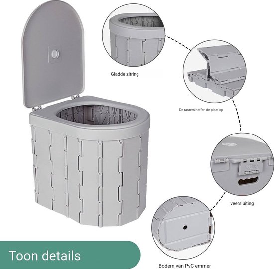 Draagbaar toilet - Camping toilet - Opvouwbaar - Met vuilniszakken - 28CM - voor buiten kamperen - Grijs