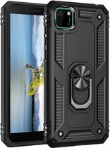 Hoesje Geschikt voor Huawei Y5P 2020 Stevige Magnetische Anti shock ring back cover case- schokbestendig/TPU met stand + Gratis screenprotector kleur Zwart