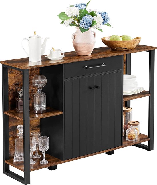 Foto: Sideboard keukenkast met lade bijzetkast met deuren multifunctionele kast metalen frame kast vintabruin zwart