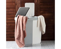 Motek® - Wasmand - 2 Vakken met Deksel - Met Touch Deksel - Gemaakt van 100% gerecycled kunststof - 80 L - wasmand met deksel - Wassorteerder - Grijs - Wit