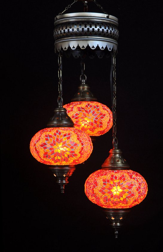 Oosterse lamp oranje 3 bollen mozaiek kroonluchter