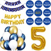 27-delige Happy Birthday decoratie set 5 met slingers, ballonnen en buttons blauw met goud - 5 - verjaardag - birthday - goud - blauw - party