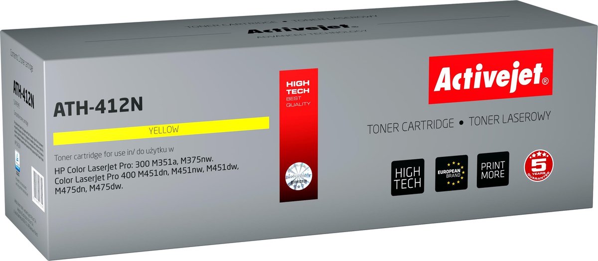Image of ActiveJet AT-412N toner voor HP-printer; HP 305A CE412A vervanging; Opperste; 2600 pagina's; geel.