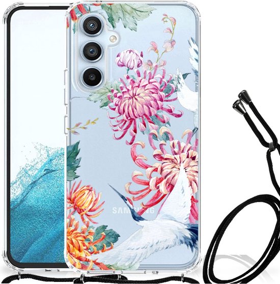 GSM Hoesje Geschikt voor Samsung Galaxy A54 5G Telefoonhoesje Valbescherming met transparante rand Bird Flowers