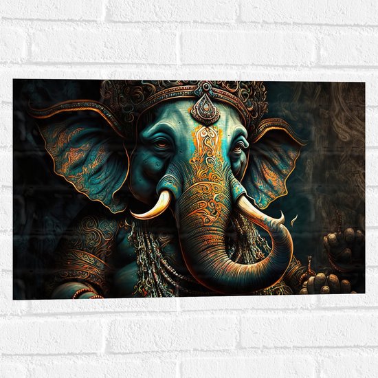 Muursticker - Blauw Ganesha Beeld met Gouden Details - 60x40 cm Foto op Muursticker