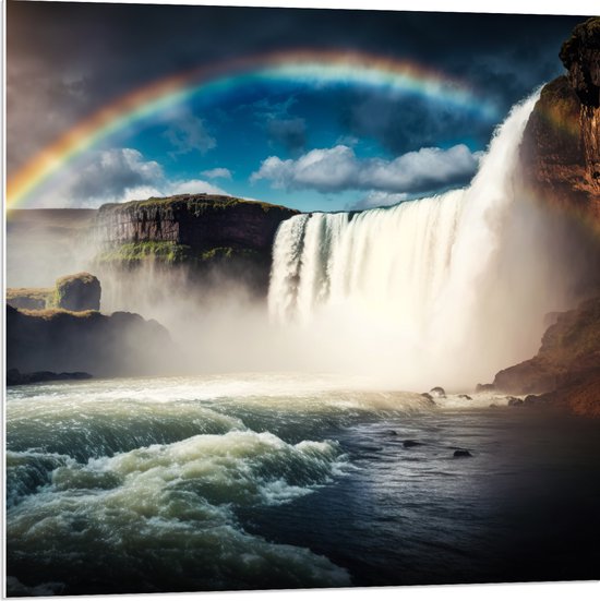 PVC Schuimplaat- Grote Heldere Regenboog boven Meer bij Watervallen - 80x80 cm Foto op PVC Schuimplaat