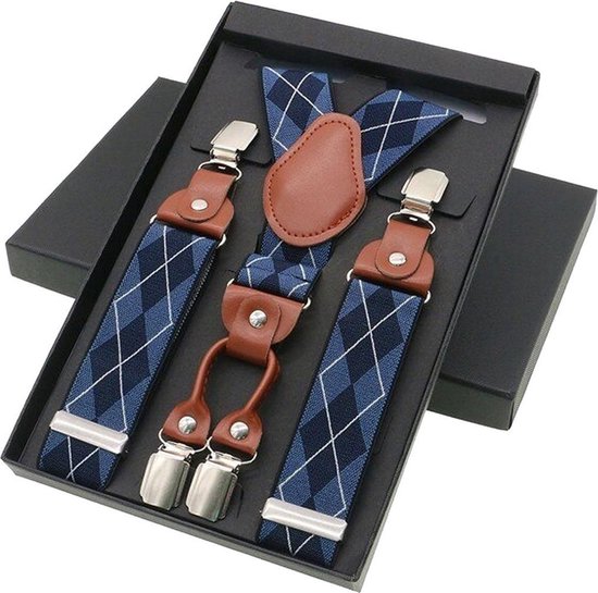 Luxe chic - bretelles homme - carreaux bleus - cuir marron moyen - 4 pinces  robustes -... | bol