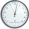 Ronde zwarte hygrometer met witte wijzerplaat, schaal van 0 tot 100% en het opschrift 'Germany'.