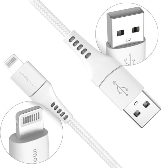 Foto: Imoshion kabel geschikt voor lightning naar usb a kabel 2 meter oplaadkabel geschikt voor iphone 11 12 13 14 stevig gevlochten materiaal wit