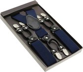 Luxe chique – heren bretels – donkerblauw effen - zwart leer - 6 extra stevige clips