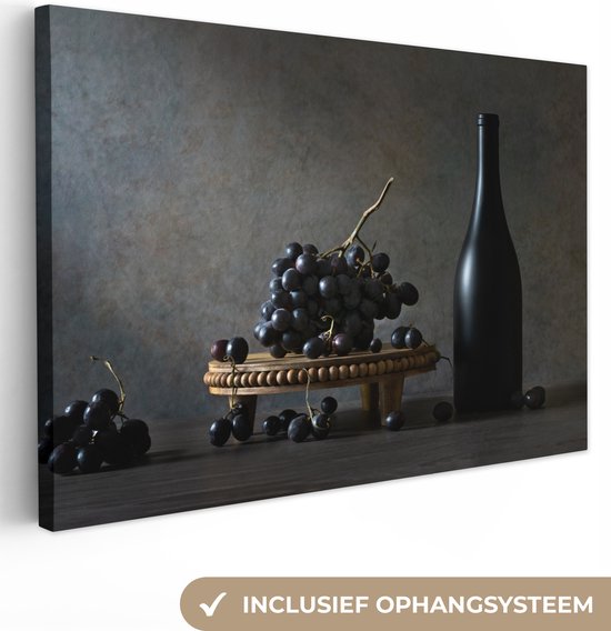 Canvas Schilderij Stilleven - Zwart - Fles - Druiven - 120x80 cm - Wanddecoratie