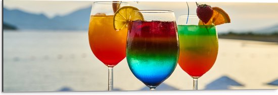 Dibond - Kleurrijke Cocktails met Uitzicht op Zee - 90x30 cm Foto op Aluminium (Met Ophangsysteem)
