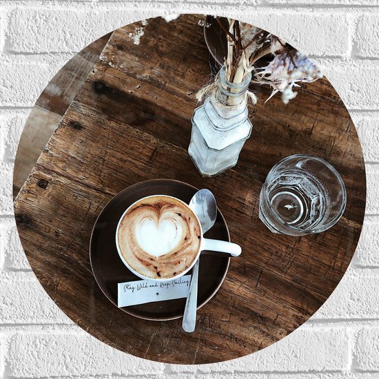 Muursticker Cirkel - Kofie met Latte Art en Bloemen - 50x50 cm Foto op Muursticker