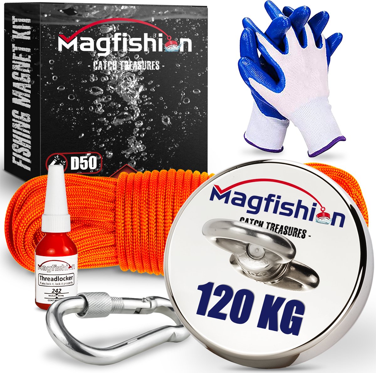 Magfishion Magneetvissen Set 120 KG - Vismagneet - 20 Meter Lang Touw + Karabijnhaak met Schroefsluiting - Handschoenen - Borgmiddel - Magneetvissen Starterspakket - Magneet Vissen - Magneetvissen Kinderen - Magfishion