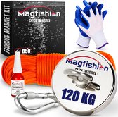 Magfishion Magneetvissen Set 120 KG - Vismagneet - 20 Meter Lang Touw + Karabijnhaak met Schroefsluiting - Handschoenen - Borgmiddel - Magneetvissen Starterspakket - Magneet Vissen - Magneetvissen Kinderen