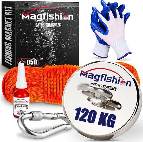 Magfishion Magneetvissen Set - 120 KG - Vismagneet - 20 Meter Lang Touw + Karabijnhaak met Schroefsluiting - Handschoenen - Borgmiddel - Magneetvissen Starterspakket - Magneet Vissen - Outdoor
