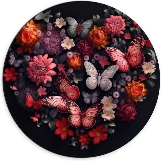 Dibond Muurcirkel - Hart van Verschillende Bloemen en Vlinders tegen Zwarte Achtergrond - 70x70 cm Foto op Aluminium Muurcirkel (met ophangsysteem)