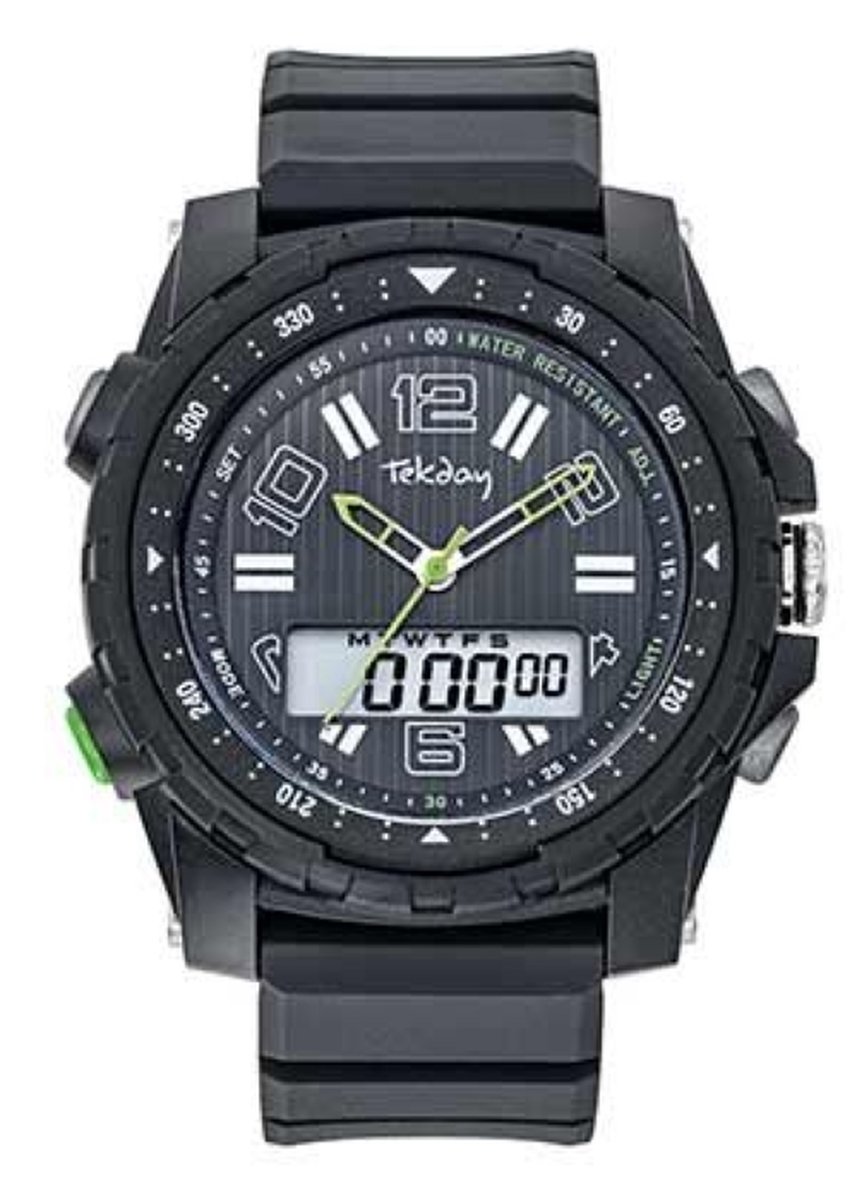 Tekday-Horloge-Digitaal-Analoog-Stopwatch-Alarm-Verlichting-Datum-Zwart-Silicone Band-49MM