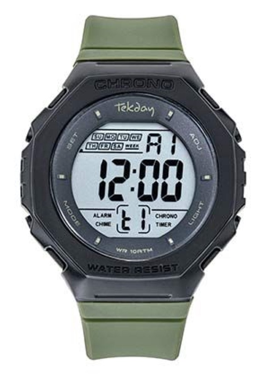 Tekday-Horloge-Digitaal-Analoog-Stopwatch-Alarm-Verlichting-Datum-Groen-Zwart-Silicone Band-45MM-10ATM