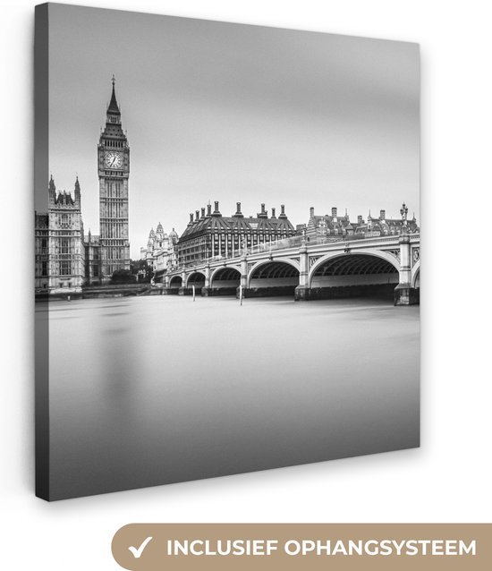 Canvas Schilderij Londen - Big Ben - Water - Skyline - Zwart wit - Wanddecoratie