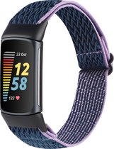 By Qubix - Geschikt voor Fitbit Charge 5 - Fitbit Charge 6 Elastische solo loop nylon bandje - Donkerblauw met paars - Smartwatch Band - Horlogeband - Polsband