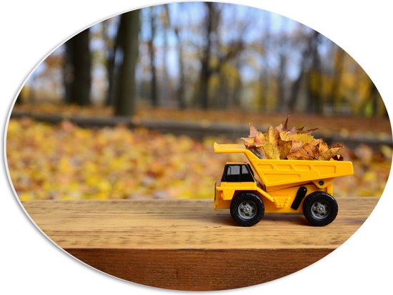 PVC Schuimplaat Ovaal - Gele Mini Kiepwagen Gevuld met Herfstbladeren in het Bos - 56x42 cm Foto op Ovaal (Met Ophangsysteem)