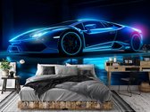 Vliesbehang - Fotobehang - Auto - Neon Supercar - Lamborghini - Race auto - 254x184cm - Blauw