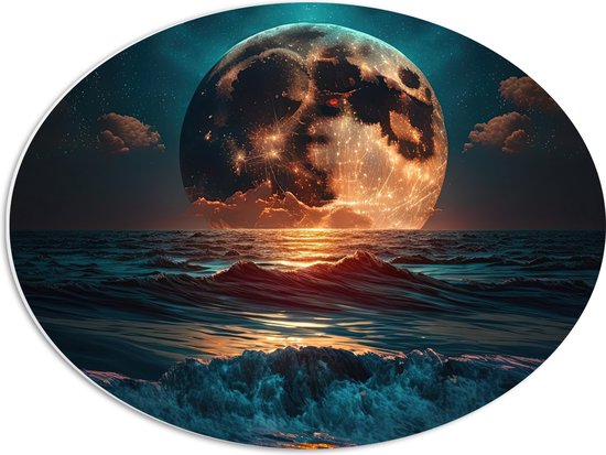PVC Schuimplaat Ovaal - Heldere Maan Dobberend op het Wateroppervlak - 56x42 cm Foto op Ovaal (Met Ophangsysteem)