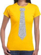 Geel fun t-shirt met stropdas in glitter zilver dames XL