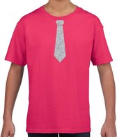 Roze fun t-shirt met stropdas in glitter zilver kinderen - feest shirt voor kids 122/128