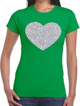 Zilveren hart glitter t-shirt groen dames XS