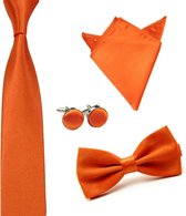Luxe set stropdas inclusief vlinderstrik pochette en manchetknopen - Oranje - strik - strikje - vlinderdas - pochet - heren - nederlands elftal - Cadeau - Koningsdag