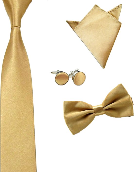 Ensemble Luxe cravate comprenant poche noeud papillon et boutons de manchette - Champagne - Or - Sorprese - noeud - noeud papillon - noeud papillon - pochette - homme
