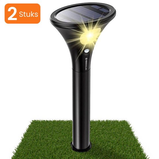 HEKO Solar® Tuinverlichting Grondo - 2 Stuks - Solar Tuinverlichting Op Zonneenergie - Buitenlamp Met Bewegingssensor - Tuinlamp - Tuinspot - Dag nacht sensor - Schijnwerper - Met Grondspies - Warm Wit Licht